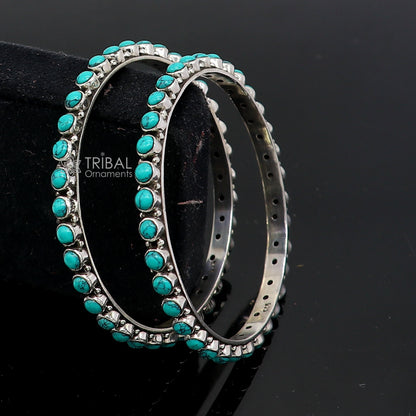 Sterling silver turquoise stone bangle bracelet with vintage waved design, ethnic jewelry perfect for brides from Tribal Ornaments.