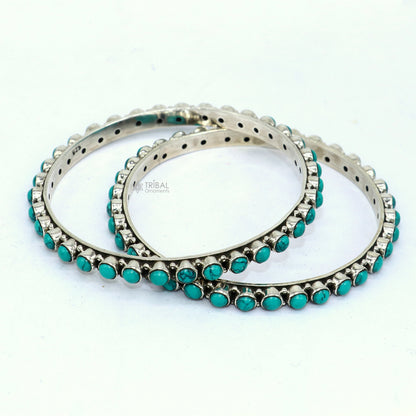 925 sterling silver turquoise stone bangle bracelet with vintage waved design, ethnic jewelry, ideal for brides and special occasions