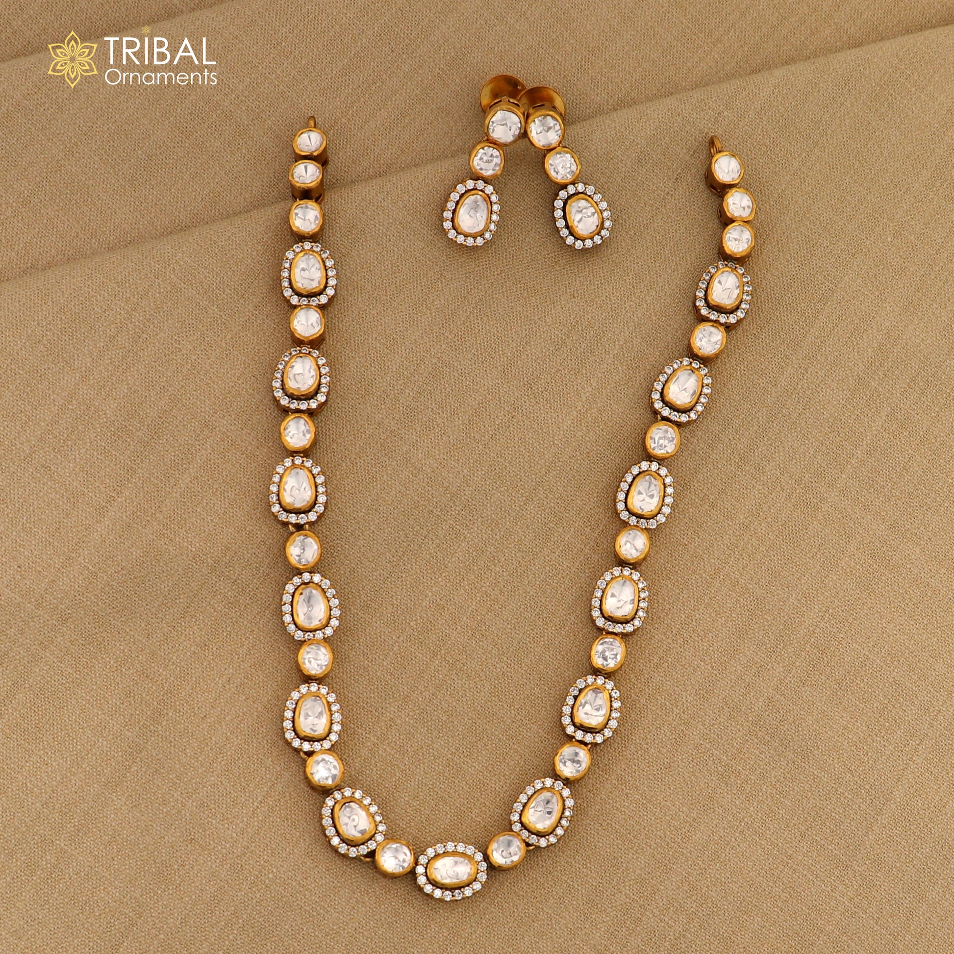 925 sterling silver white kundan stone polki charm necklace set stylish jewelry set743 - TRIBAL ORNAMENTS