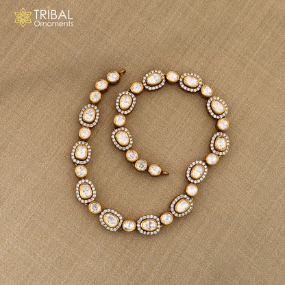 925 sterling silver necklace set with white kundan stone and polki charm, stylish jewelry set featuring intricate design and craftsmanship.