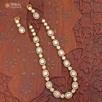 Sterling silver white kundan stone and polki charm necklace set by Tribal Ornaments with intricate traditional jewelry design.