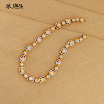 Sterling silver Kundan stone polki charm necklace set with intricate design and stylish jewelry from Tribal Ornaments.
