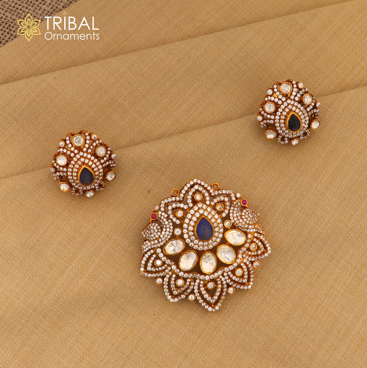 925 sterling silver white kundan stone polki charm necklace set stylish jewelry set746 - TRIBAL ORNAMENTS