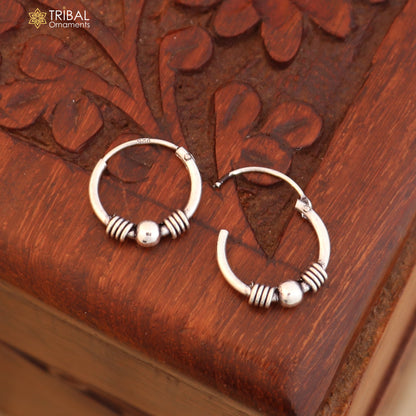 925 sterling silver Bali hoops earrings with wired and ball design, showcasing tribal and ethnic jewelry style.