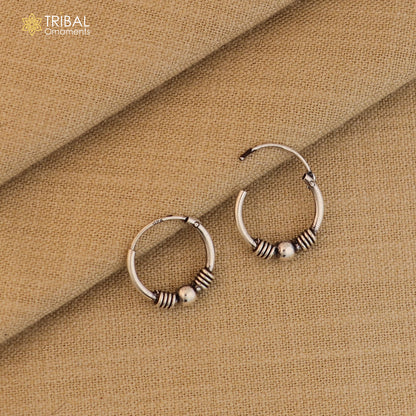 925 sterling silver Bali hoops earrings with wired and ball design, showcasing tribal and ethnic jewelry style.