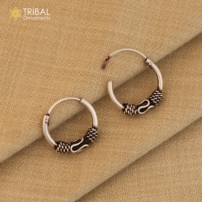 Sterling silver wired Bali hoops earrings with tribal ethnic design, crafted by TRIBAL ORNAMENTS, showcasing intricate tribal jewelry details.
