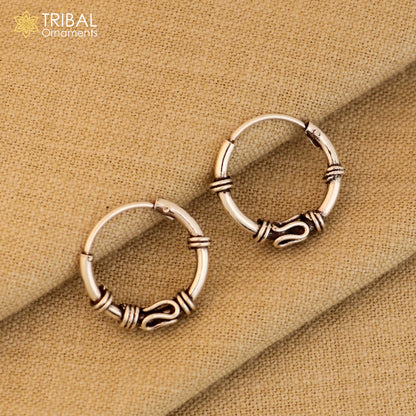 Sterling silver wired Bali hoops earrings with tribal ethnic design from TRIBAL ORNAMENTS, showcasing intricate craftsmanship.