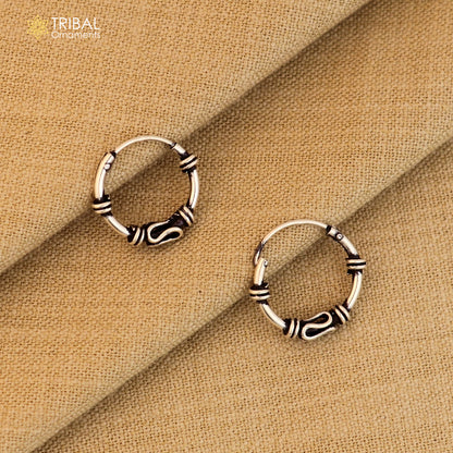 Sterling silver wired Bali hoops earrings with tribal ethnic design, handcrafted jewelry by TRIBAL ORNAMENTS.