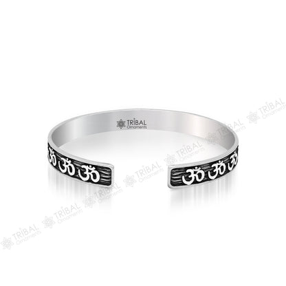 Sterling silver 'AUM' mantra adjustable bangle cuff bracelet by TRIBAL ORNAMENTS, unisex stylish handcrafted jewelry with divine design