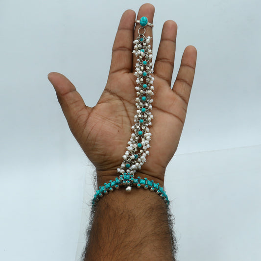 925 sterling turquoise stone hathpan set (bangle chain with ring set) bracelet pure silver gifting jewelry ba439 - TRIBAL ORNAMENTS