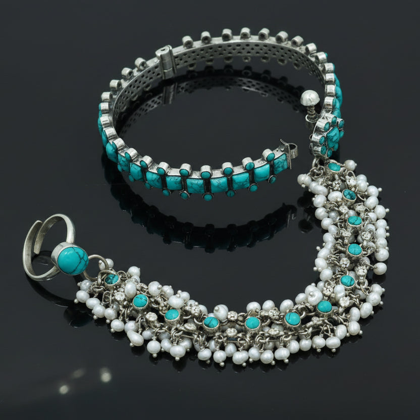 925 sterling silver turquoise stone hathpan set with bangle chain and ring, traditional tribal jewelry for gifting.