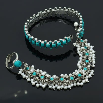 925 sterling silver turquoise stone hathpan set with bangle chain and ring, traditional tribal jewelry for gifting.