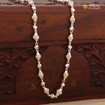 Sterling silver handmade tulsi mala necklace with holy basil wooden beads, ideal for Ayurveda meditation and spiritual practices.