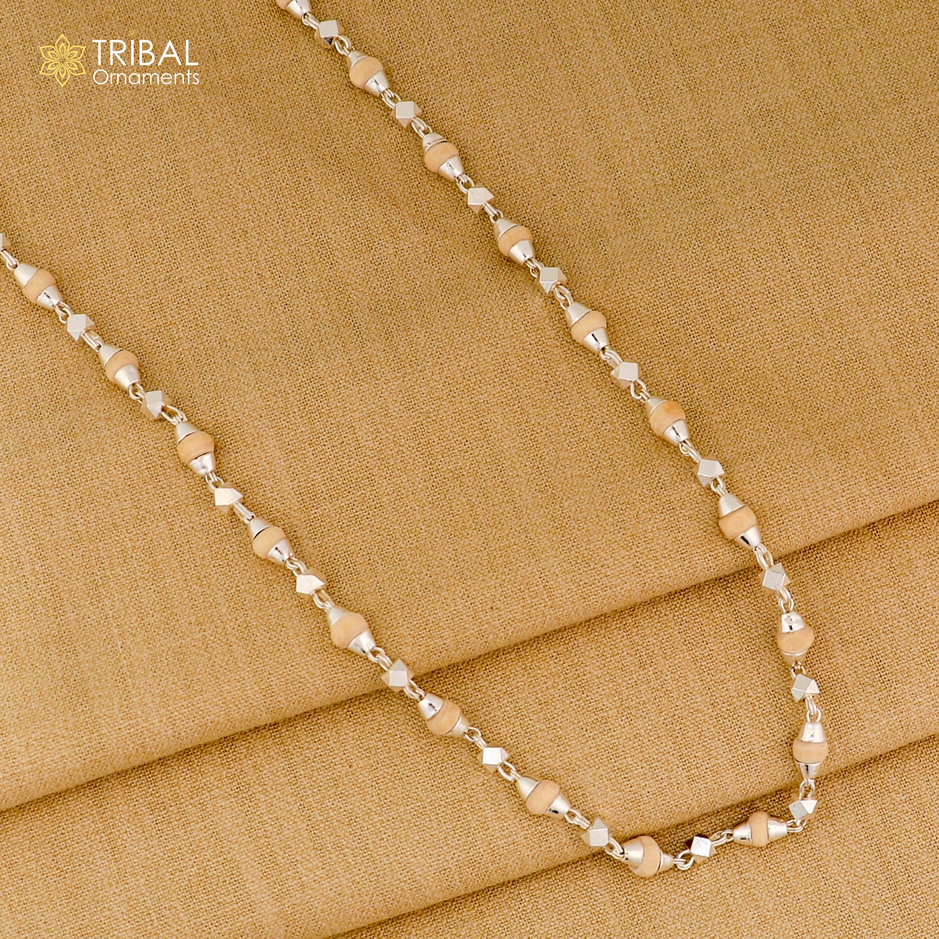 925Sterling silver handmade holy basil wooden beads silver chain necklace tulsi mala use in Ayurveda meditation ch618 - TRIBAL ORNAMENTS