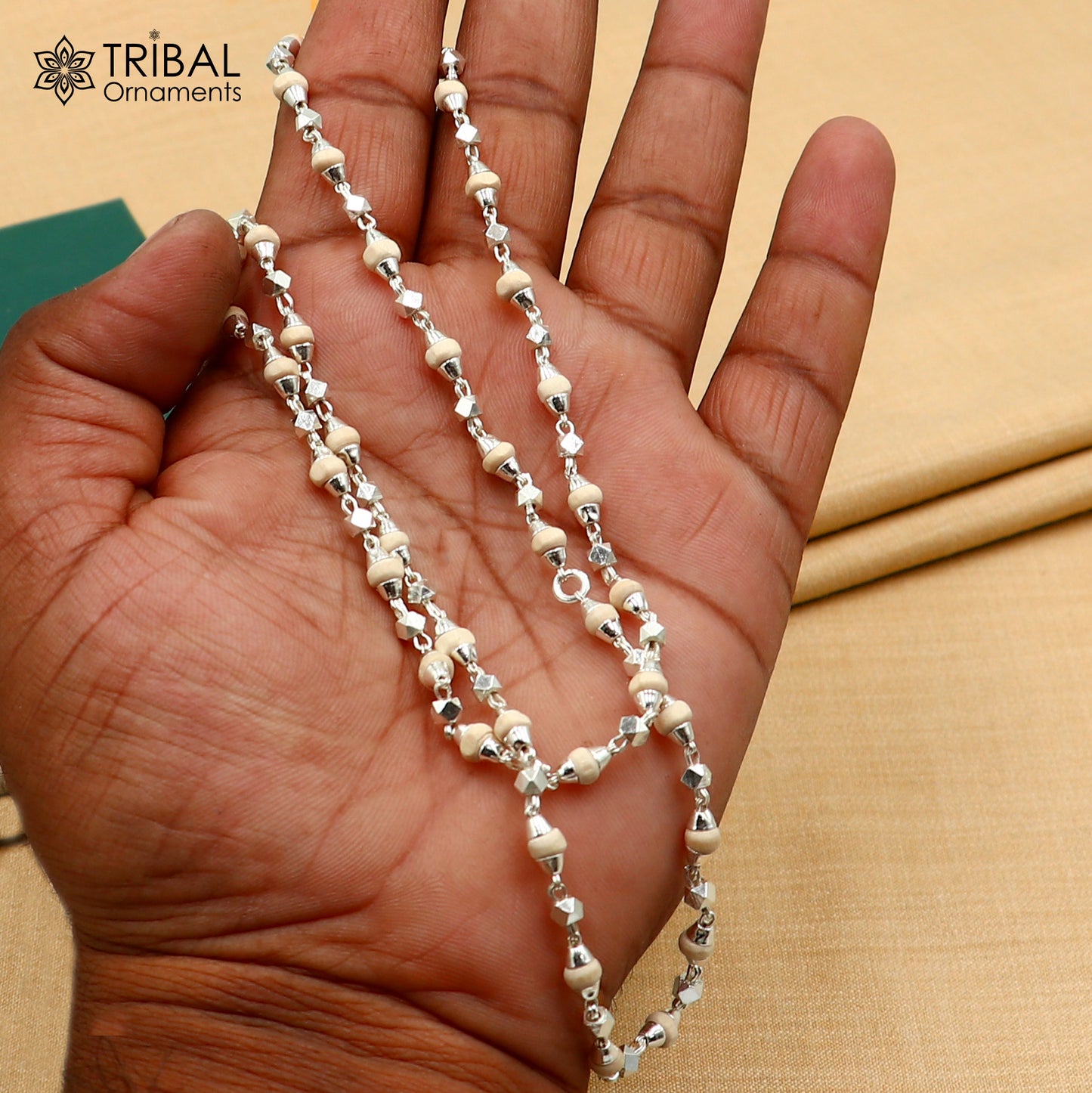 925Sterling silver handmade holy basil wooden beads silver chain necklace tulsi mala use in Ayurveda meditation ch618 - TRIBAL ORNAMENTS
