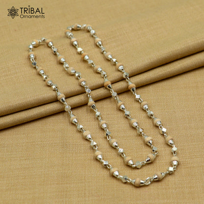 Sterling silver handmade Tulsi mala necklace with holy basil wooden beads, ideal for Ayurveda meditation and spiritual practice.