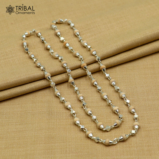 925Sterling silver handmade holy basil wooden beads silver chain necklace tulsi mala use in Ayurveda meditation ch618 - TRIBAL ORNAMENTS