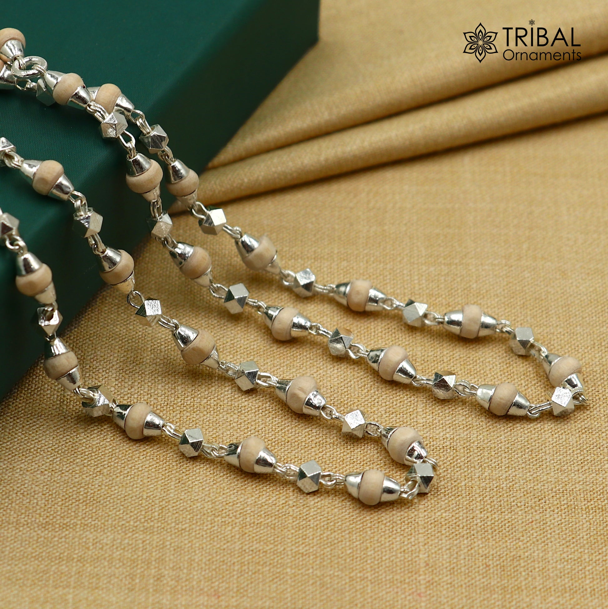 925Sterling silver handmade holy basil wooden beads silver chain necklace tulsi mala use in Ayurveda meditation ch618 - TRIBAL ORNAMENTS