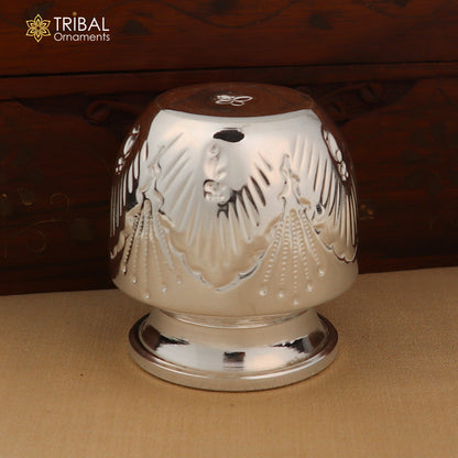 925 sterling silver Kalash or pot, a traditional silver puja article for water or milk, with intricate tribal design.