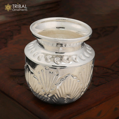 925 sterling silver Kalash or pot for puja, featuring intricate design, used for water or milk offerings in Shiva worship.
