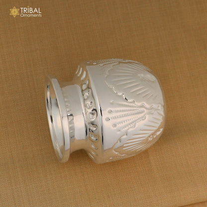 925 sterling silver Kalash or pot for puja, featuring intricate designs, used for water or milk offerings in Hindu rituals.