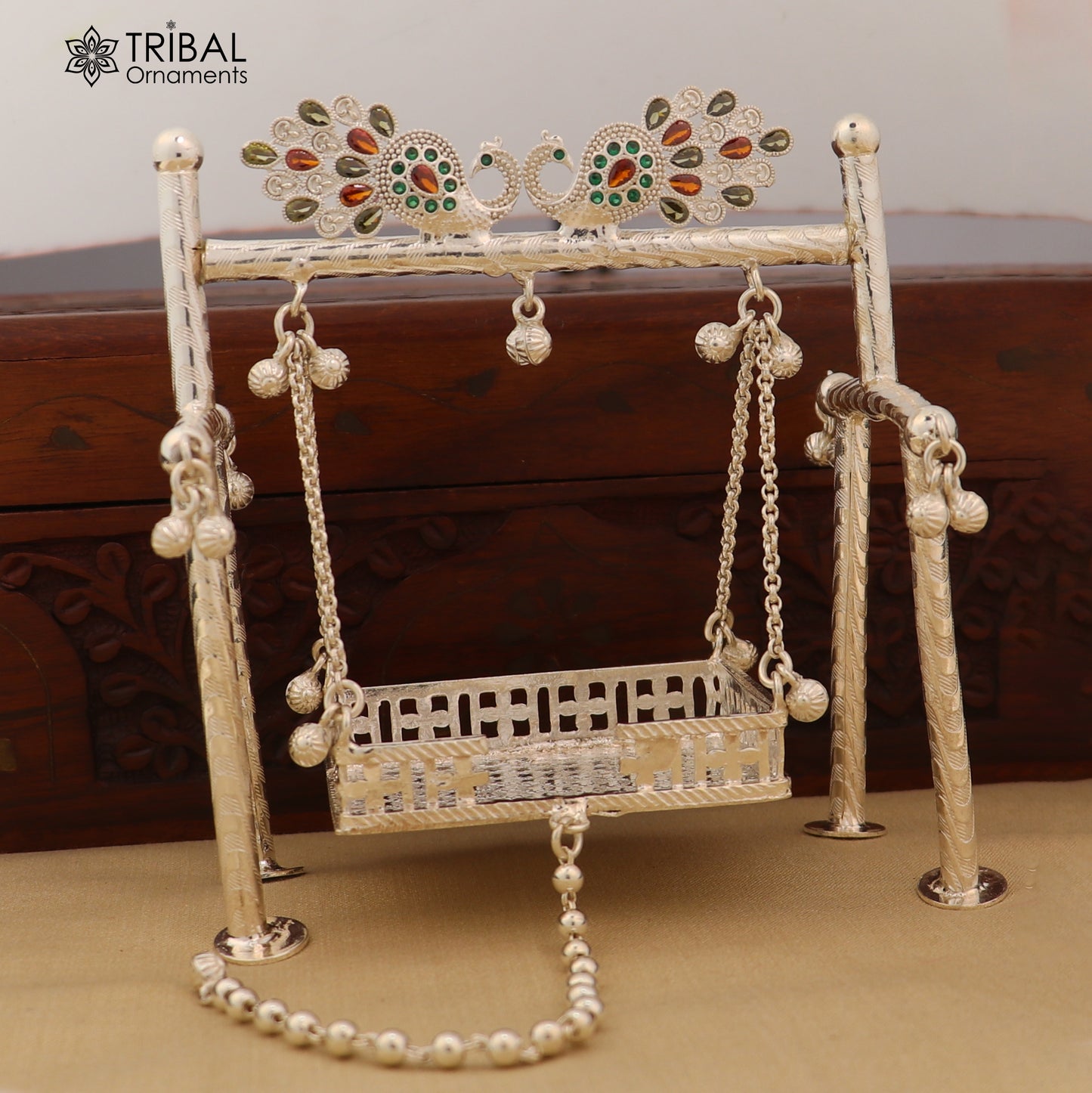 925Sterling silver peacock design Bal Gopala jhula, little Krishna swing, child Krishna palana art su1383 - TRIBAL ORNAMENTS