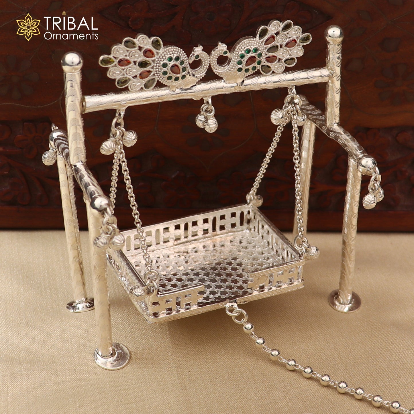 925Sterling silver peacock design Bal Gopala jhula, little Krishna swing, child Krishna palana art su1383 - TRIBAL ORNAMENTS