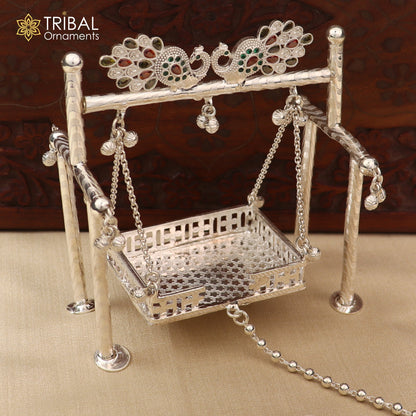 Sterling silver peacock design Bal Gopala Krishna swing pendant, intricate child Krishna palana jewelry by TRIBAL ORNAMENTS