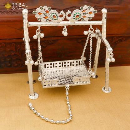 925 Sterling silver peacock design Bal Gopala jhula, child Krishna swing, detailed tribal ornament art with Krishna figure.