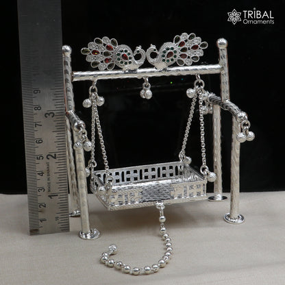 925 Sterling silver peacock design Bal Gopala jhula, child Krishna swing with intricate tribal ornament art.