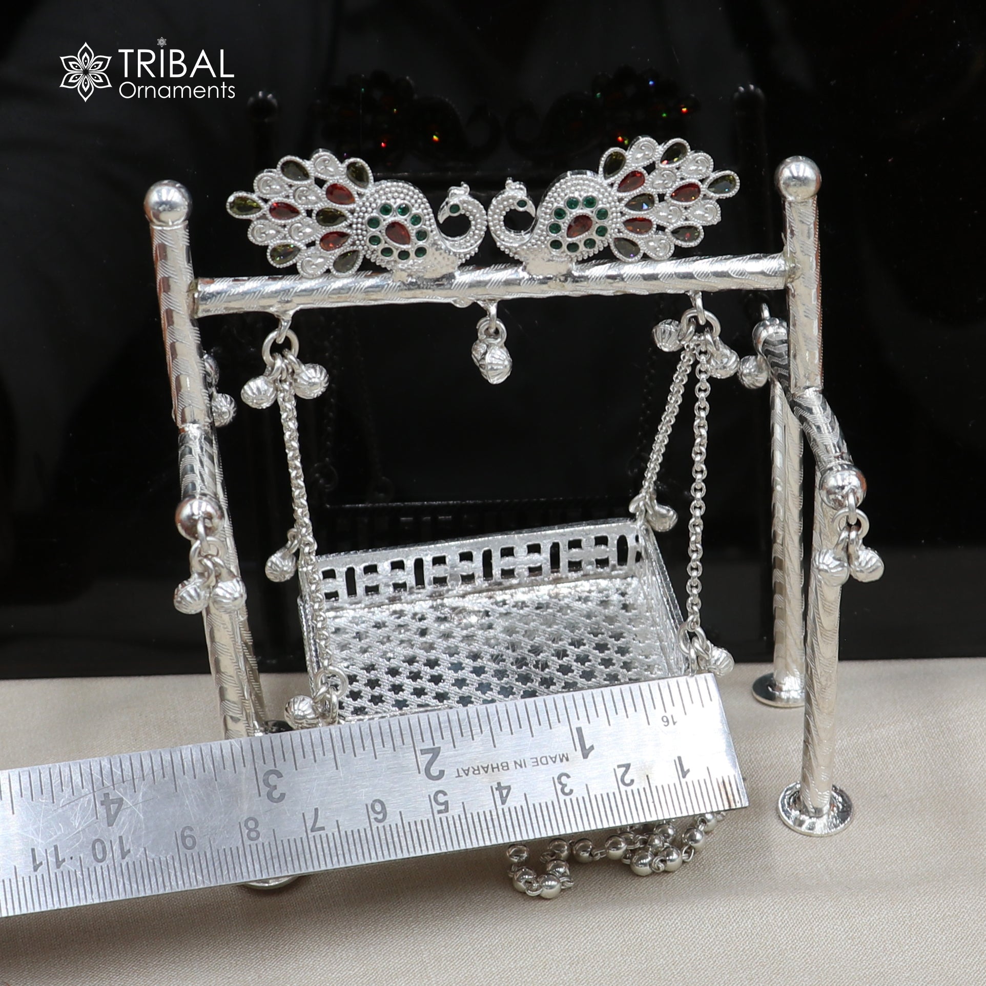 925Sterling silver peacock design Bal Gopala jhula, little Krishna swing, child Krishna palana art su1383 - TRIBAL ORNAMENTS