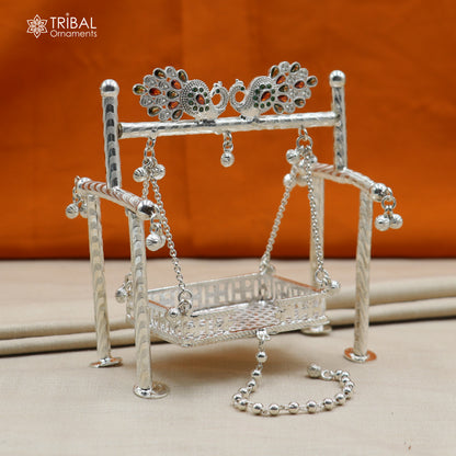 Sterling silver peacock design Bal Gopala jhula with Little Krishna swing, detailed child Krishna palana art by TRIBAL ORNAMENTS