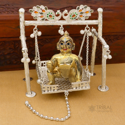Sterling silver peacock design Bal Gopala jhula with child Krishna swing, intricate tribal ornament art by TRIBAL ORNAMENTS