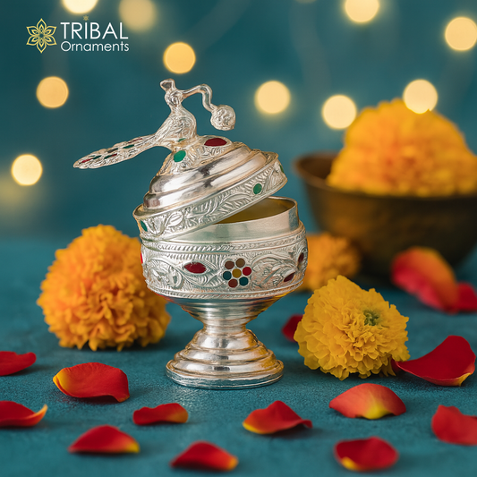 925sterling silver vintage peacock design handmade brides eyes kajal box, surma box, kumkum sindur box, small trinket box article stb251 - TRIBAL ORNAMENTS