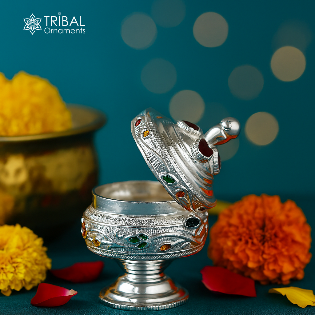 925sterling silver vintage royal designer handmade brides eyes kajal box, surma box, kumkum sindur box, small trinket box article stb236 - TRIBAL ORNAMENTS