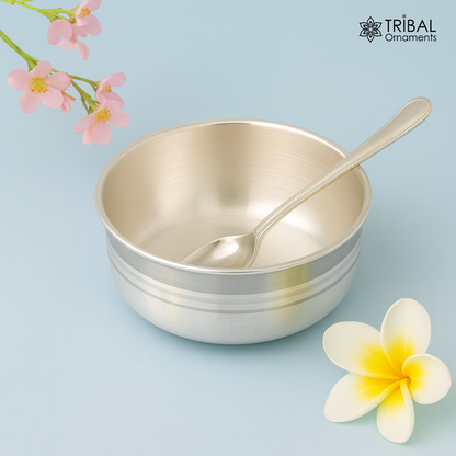 Handmade 99.9% pure sterling silver bowl with a polished finish, designed for kitchen utensils and vessels, antibacterial silver.