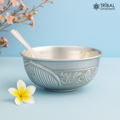 999 fine silver exclusive handcrafted work baby bowl and spoon set, puja utensils, silver article, silver utensils, silver vessel baby sv210 - TRIBAL ORNAMENTS