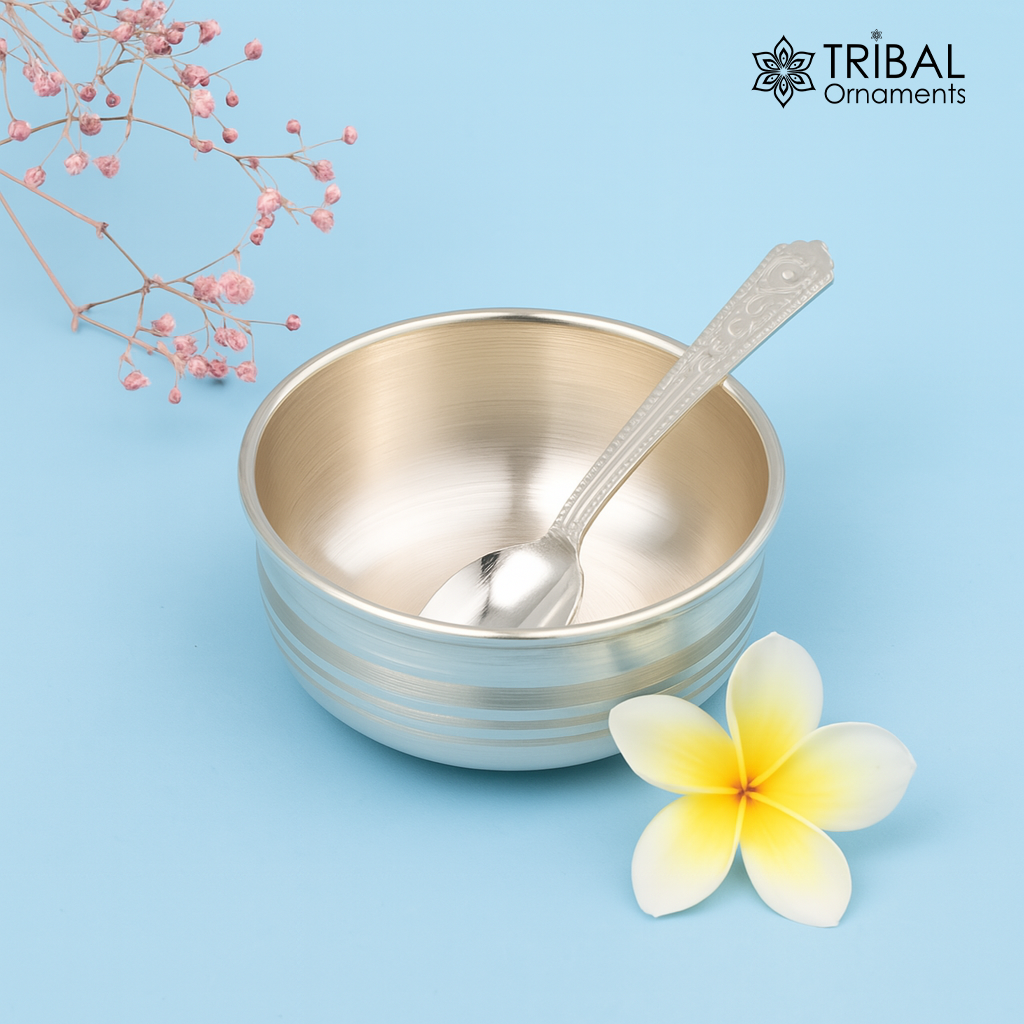 Handmade 999 fine silver bowl and spoon set with antibacterial properties, ideal for keeping babies and kids healthy by Tribal Ornaments.