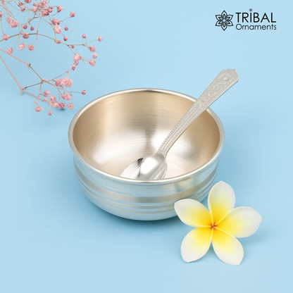 Handmade 999 fine silver bowl and spoon set with antibacterial properties, ideal for keeping babies and kids healthy by Tribal Ornaments.