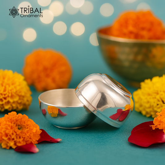 999 fine silver handmade gorgeous prasad box with cap, trinket box, container box, brides gifting, jewelry box, solid silver article stb95 - TRIBAL ORNAMENTS