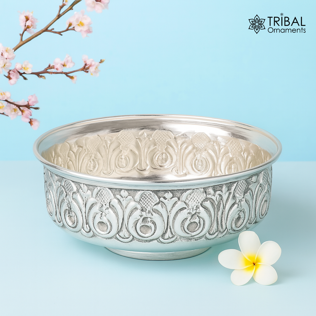 999 fine silver handmade kandrai nakshi work bowl, silver puja vessel, silver worshipping/puja utensils prasad bowl baby bowl sv215 - TRIBAL ORNAMENTS