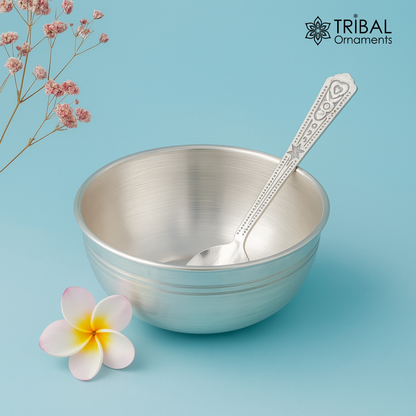 999 fine silver handmade silver bowl and spoon set, silver has antibacterial properties,stay baby/kids healthy, silver vessels utensils sv43 - TRIBAL ORNAMENTS