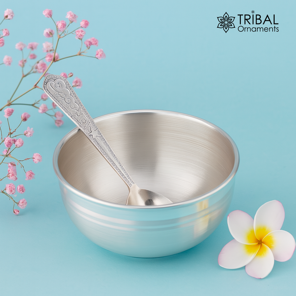 999 fine silver handmade silver bowl and spoon set, silver has antibacterial properties,stay baby/kids healthy, silver vessels utensils sv44 - TRIBAL ORNAMENTS