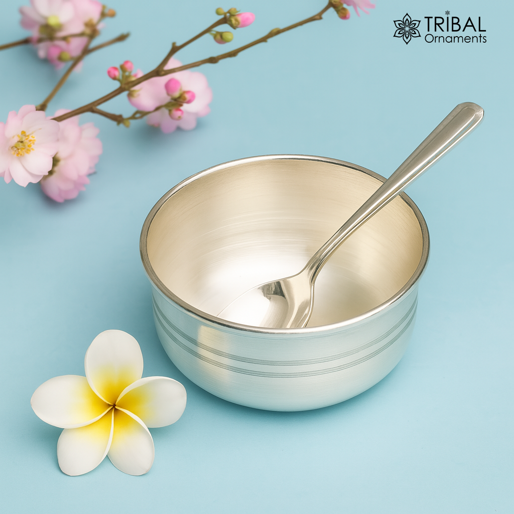 999 fine silver handmade small baby bowl and spoon set, silver tumbler, flask, stay baby/kids healthy, silver vessel utensils sv171 - TRIBAL ORNAMENTS