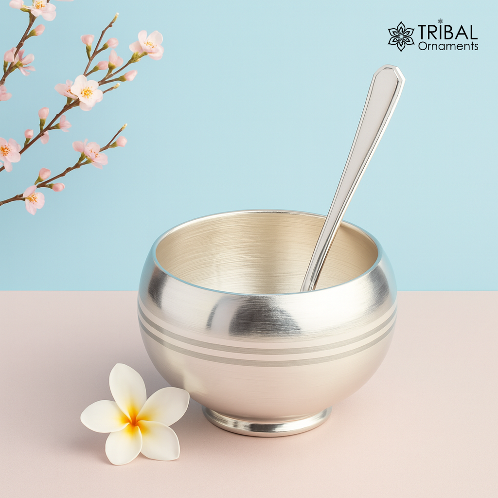 999 fine silver handmade small baby bowl and spoon set, silver tumbler, flask, stay baby/kids healthy, silver vessel utensils sv172 - TRIBAL ORNAMENTS