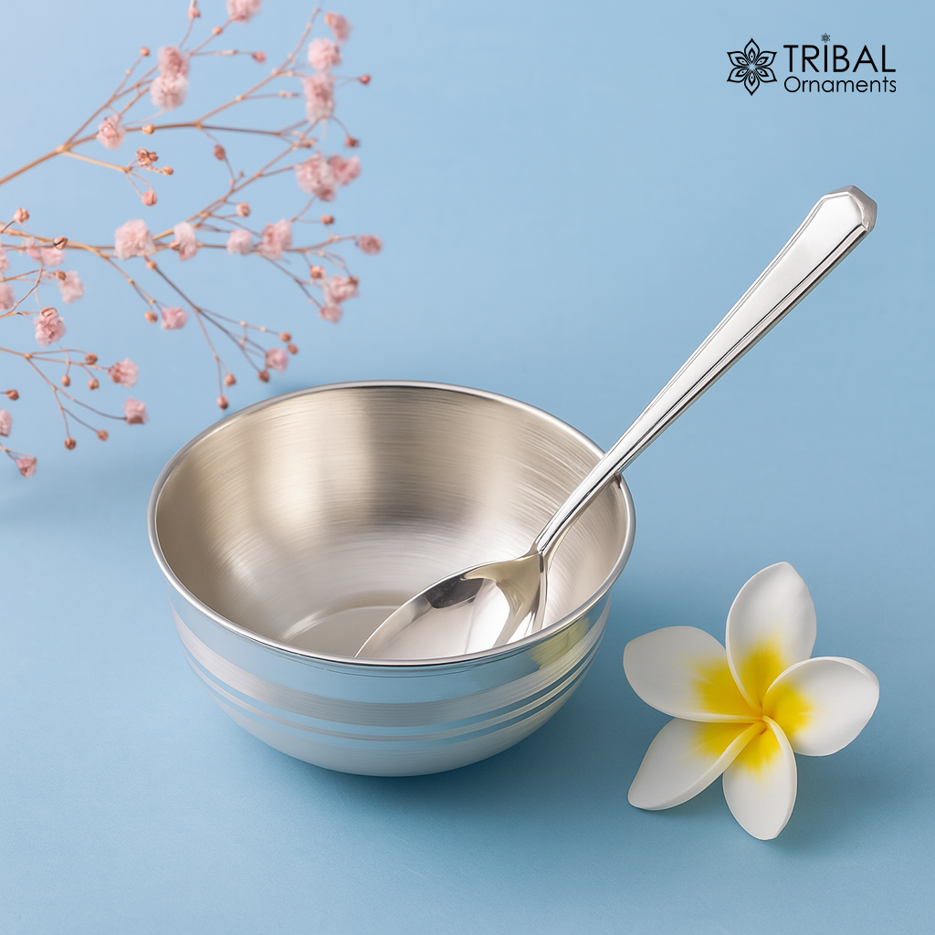999 fine silver handmade small baby bowl and spoon set, silver tumbler, flask, stay baby/kids healthy, silver vessel utensils sv173 - TRIBAL ORNAMENTS