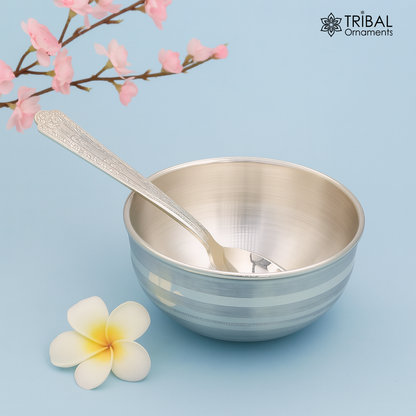 Handmade 999 fine silver baby feeding bowl by TRIBAL ORNAMENTS, small pure silver vessel for home and kitchen use in India.