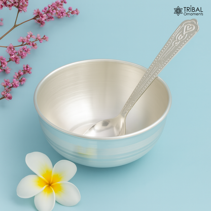 Handmade 999 fine silver baby feeding bowl by Tribal Ornaments, small pure silver vessel for home and kitchen use in India