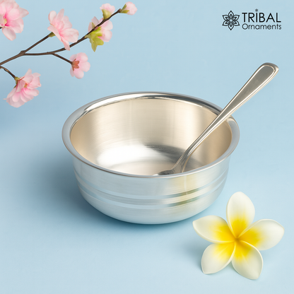 Handmade 999 fine silver bowl and spoon set by TRIBAL ORNAMENTS, ideal for baby food, puja, or kitchen use.