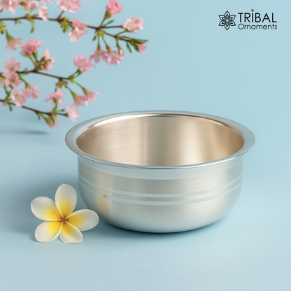 Handmade 999 fine silver baby food bowl and utensils set from Tribal Ornaments, includes vessel and kitchen accessories.